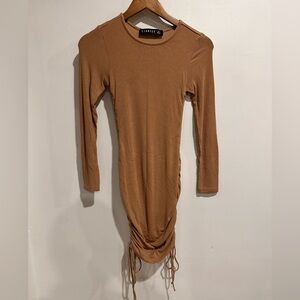 LIONESS Military Minds Caramel Brown Long Sleeve Ruched Dress